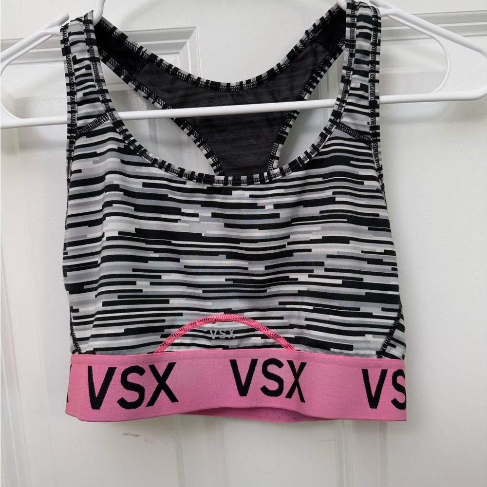 VSX Black and Pink Sports Bra with Bold Stripes